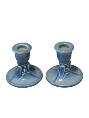 RARE Rookwood Pottery Art 1940s Candle Holders #6532 Blue Ceramic Glazed Vintage
